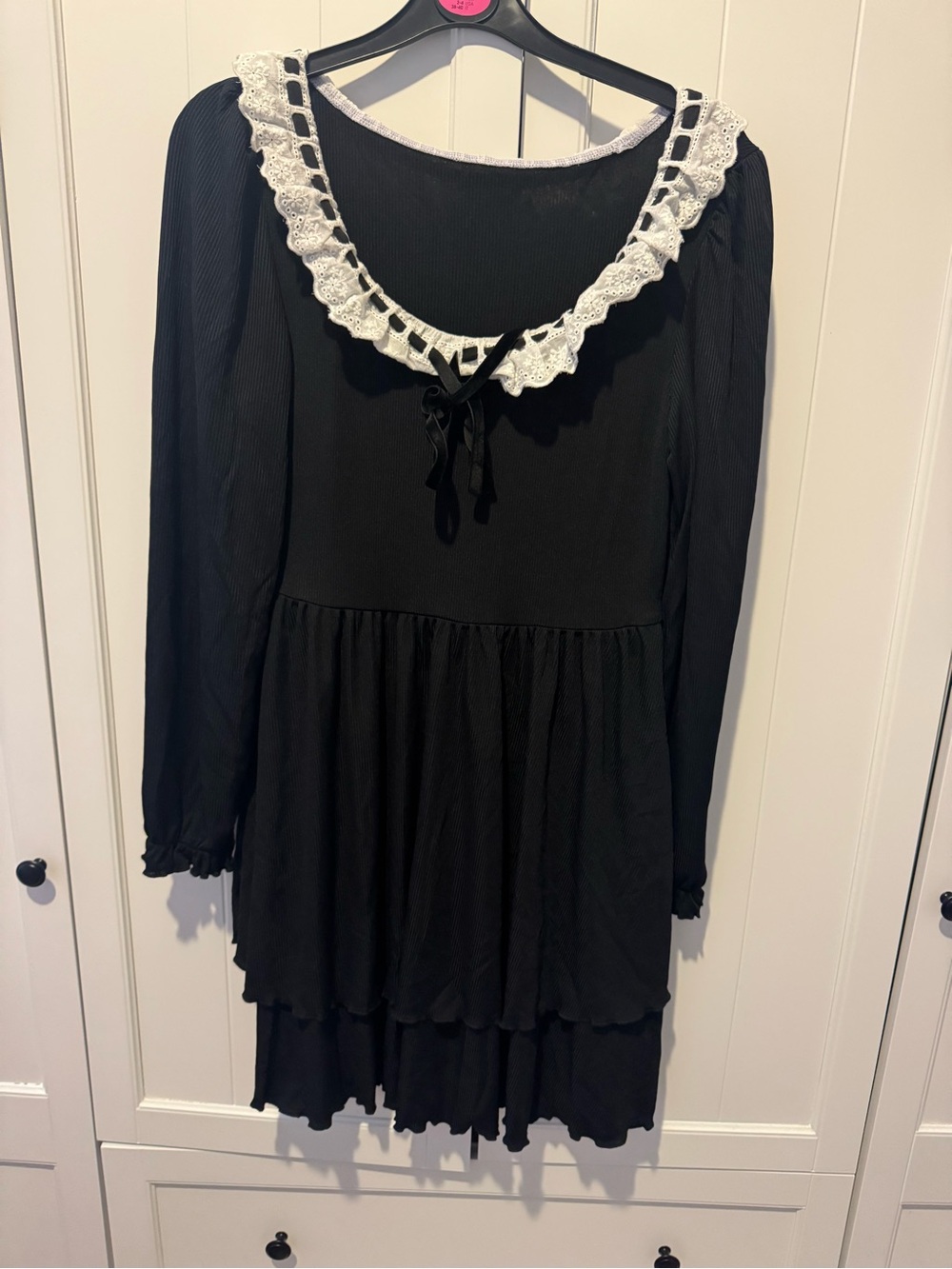 Cider Black Midi Dress with White Lace Collar